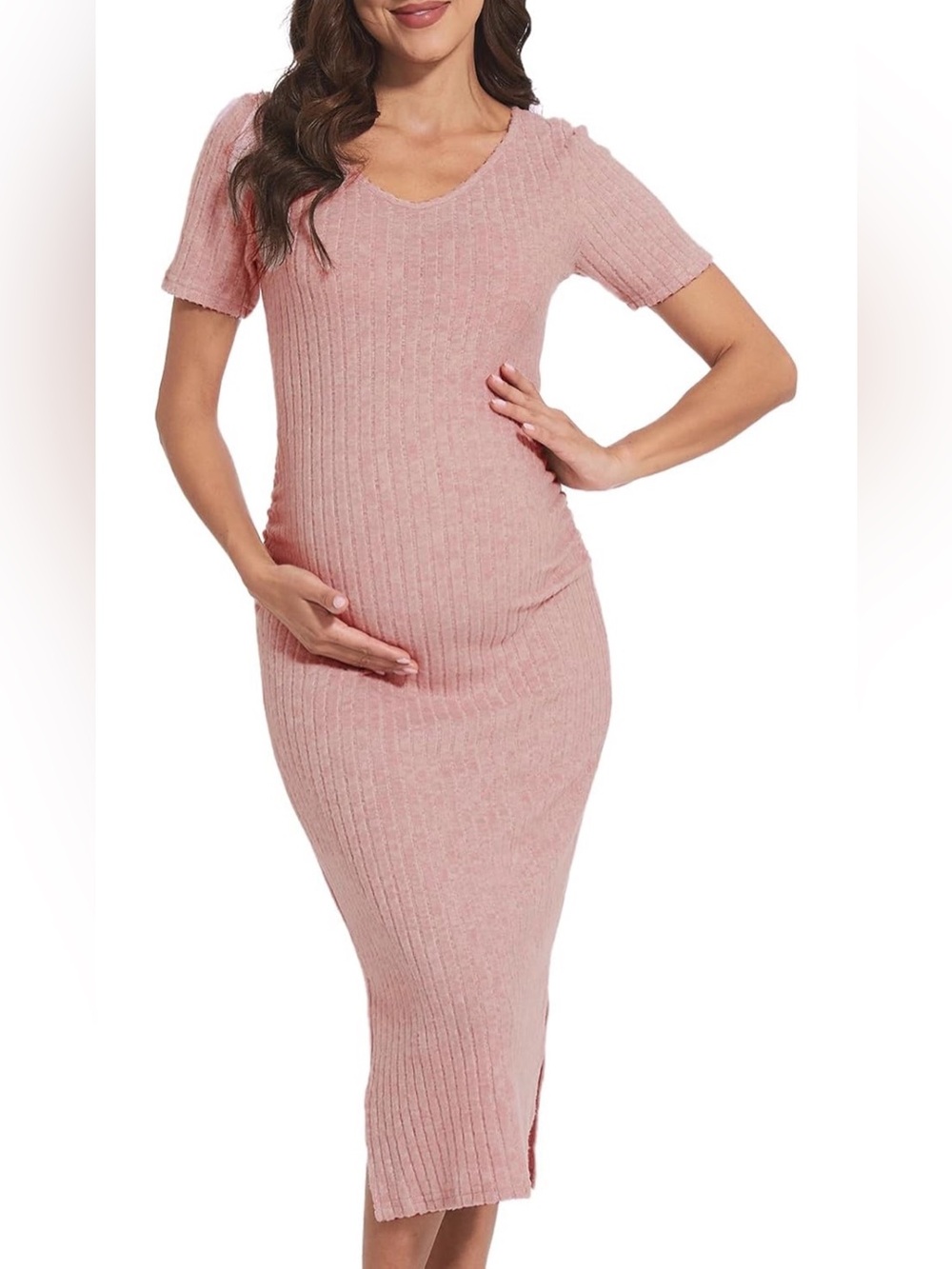 Women’s Ribbed Pink Maternity Midi Dress